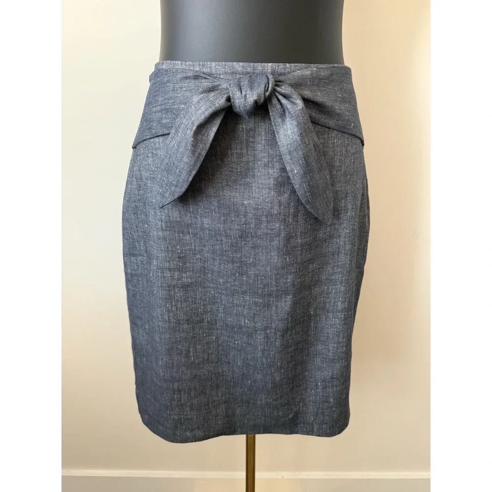 ANN TAYLOR Women's 8P Linen Blend Blue Chambray Belted Skirt Lined Petite NWOT - Picture 1 of 16